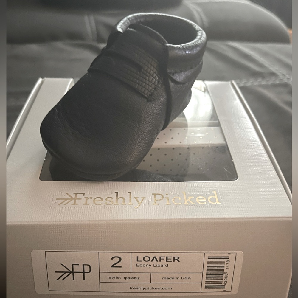 Freshly Picked Black leather loafers style moccasins.